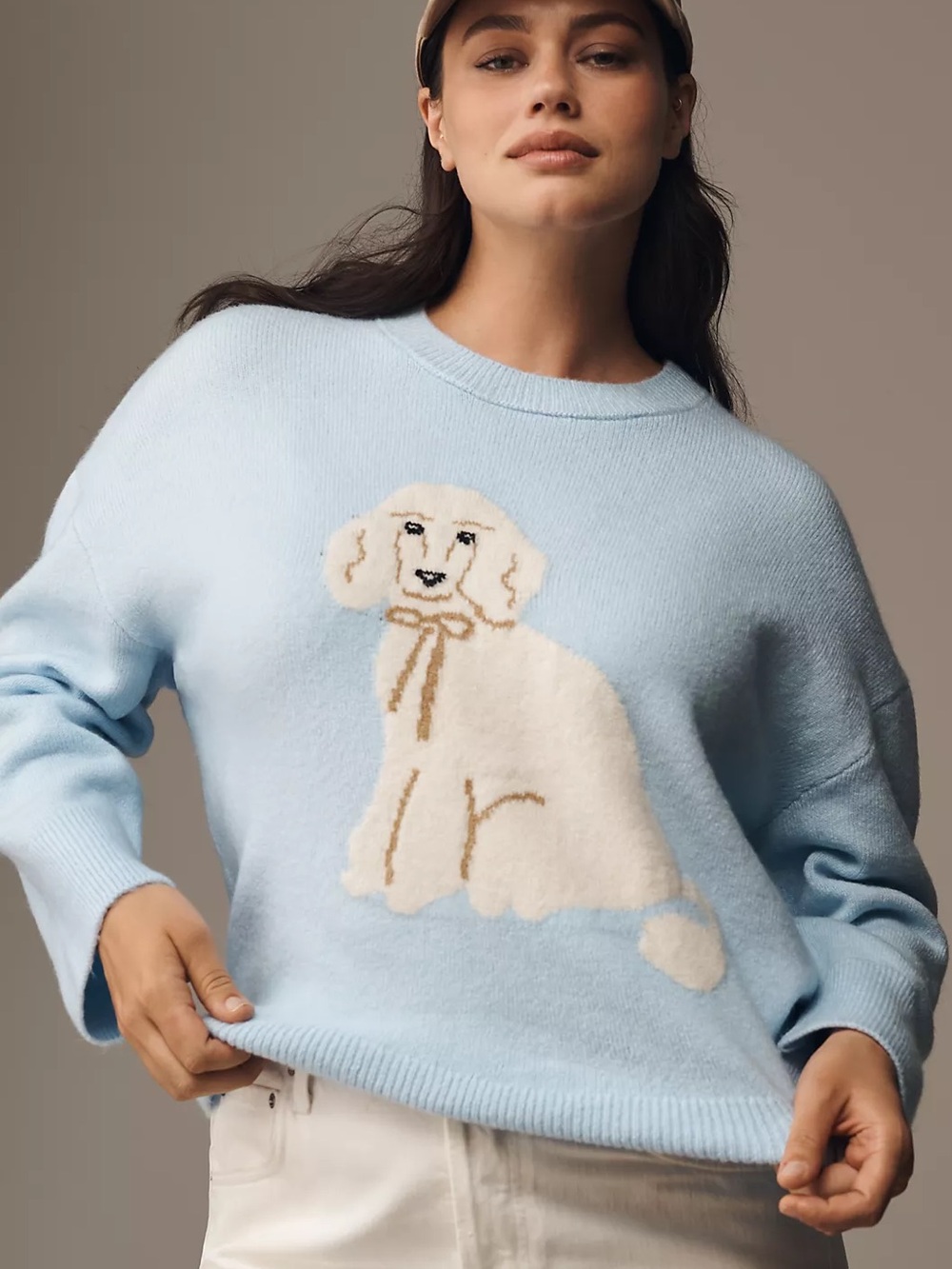 Anthropologie Maeve Crew-Neck Dog Icon Pullover Light Blue Sweater Cream Poodle